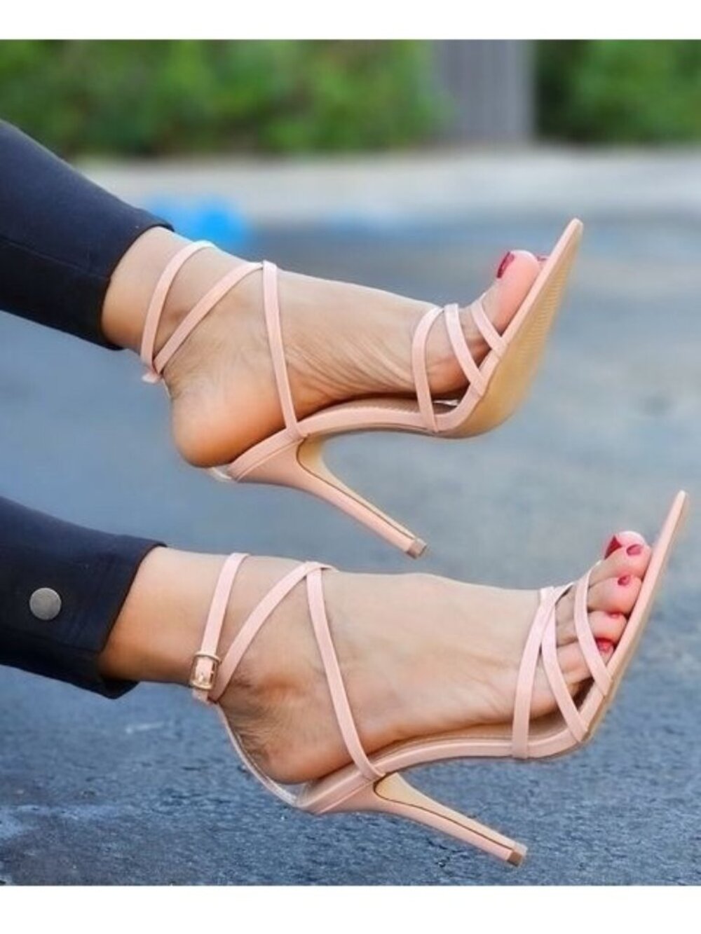 Nude Strappy Open Pointed Toe High Heels for Women Ankle Strap Adjustable Buckle